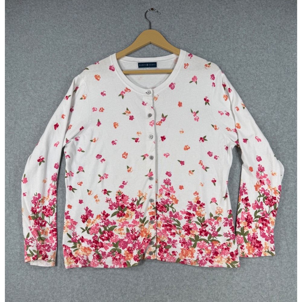 Karen Scott XL Cardigan Floral Cottagecore Cotton Blend Button Front Sweater
